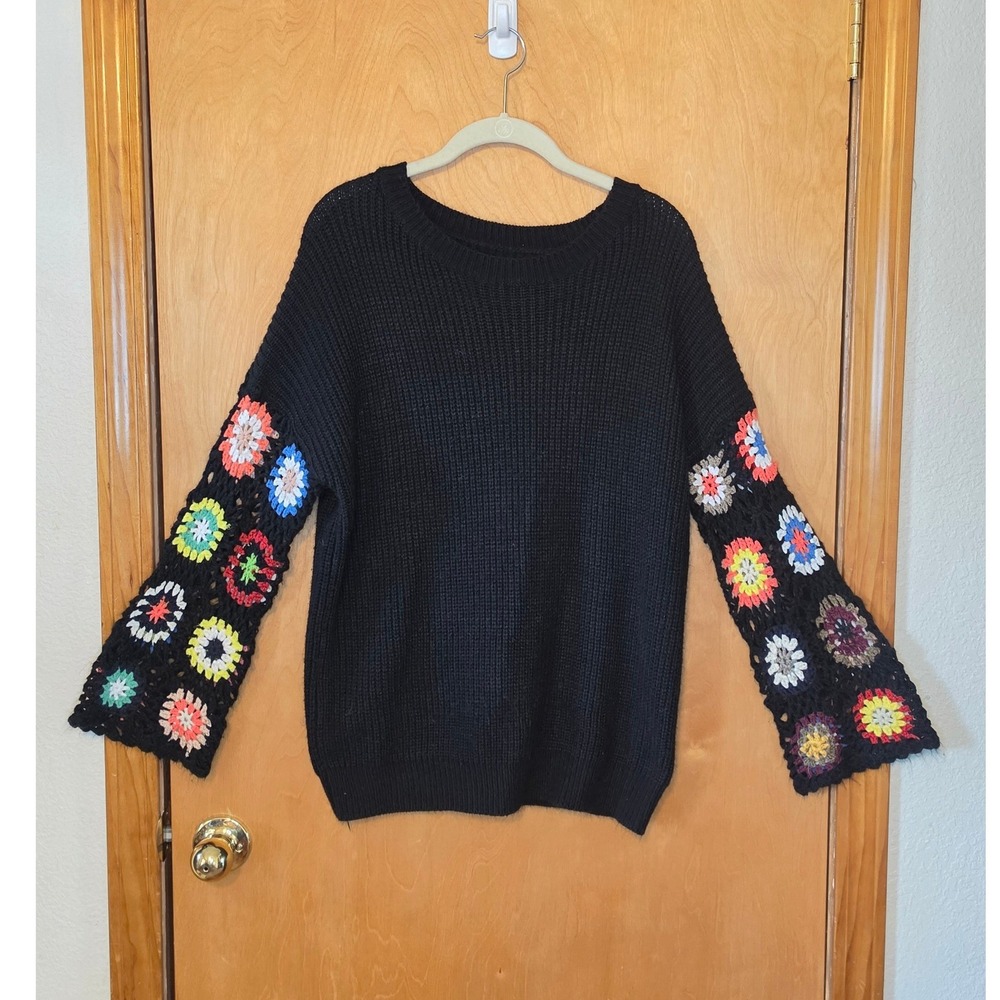 Black Crochet Granny Square Sleeve Knit Sweater Boho Floral Size L Retro Cottage